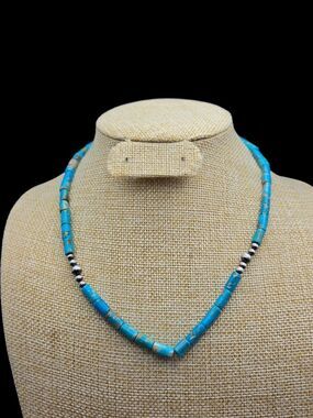 Kingman Turquoise Tube Bead Necklace Sterling Silver Pearls Southwestern 18 In